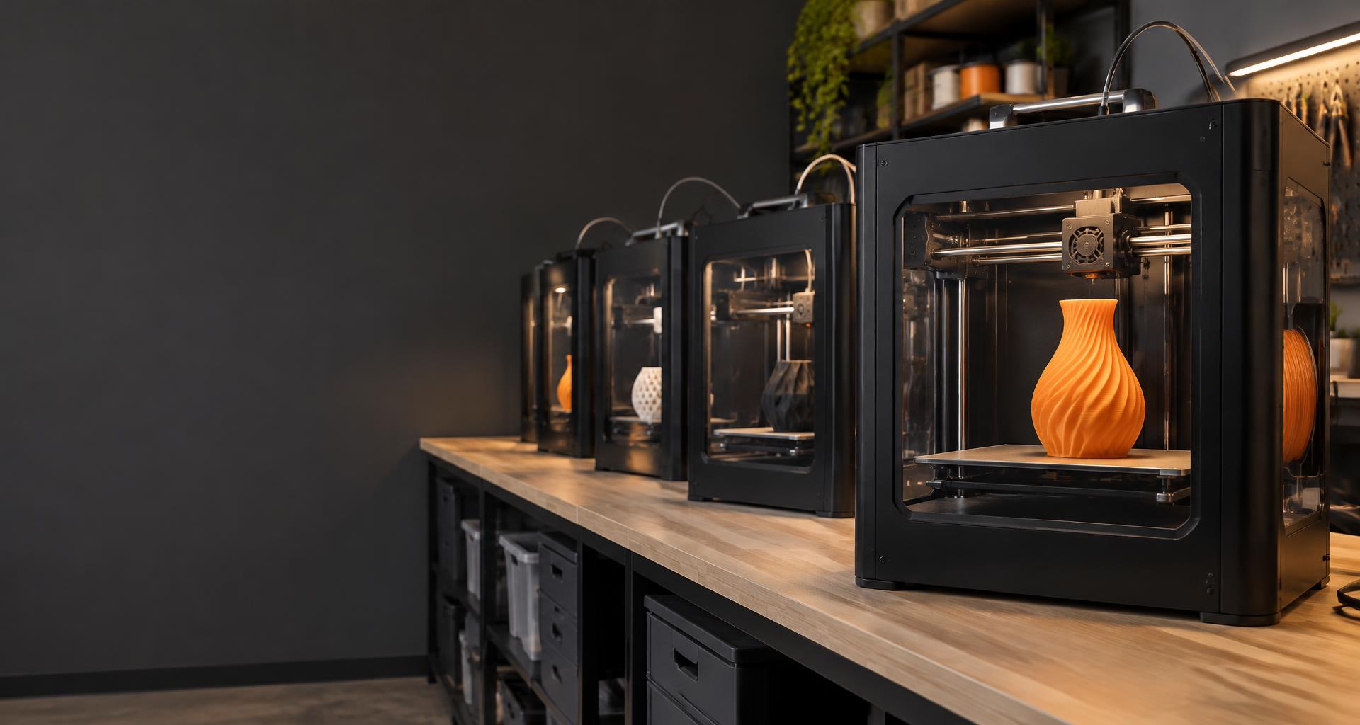 Illustrative 3D printing farm with an orange printed vase